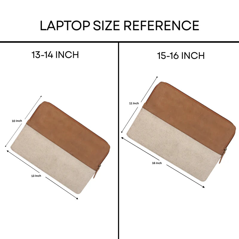 Laptop size reference chart with two different laptop covers shown, one for 13-14 inch laptops and the other for 15-16 inch laptops.