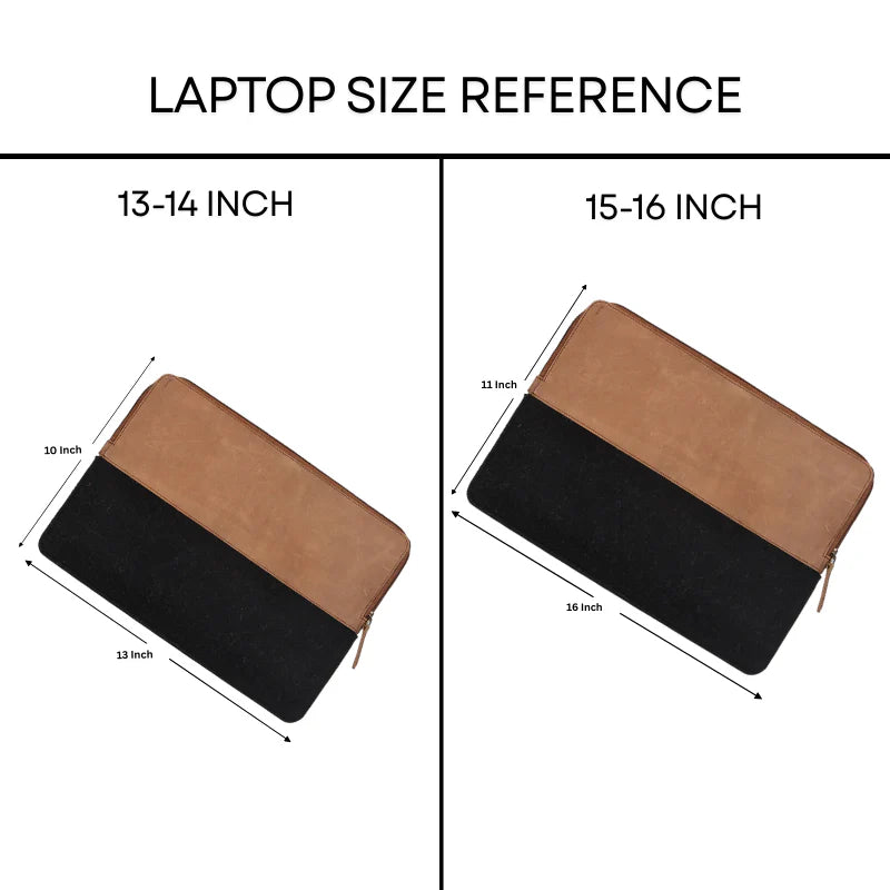 Laptop size reference chart with black and brown pouches for 13-14 inch and 15-16 inch laptops.