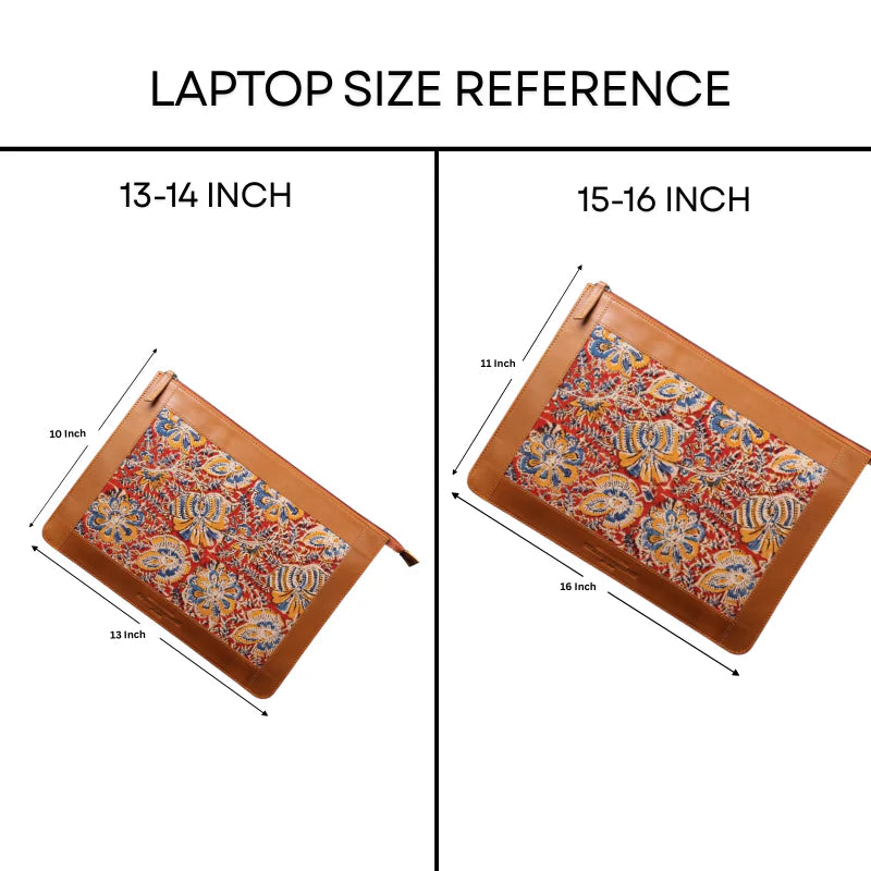 Laptop size reference with two floral-patterned sleeves, one for 13-14 inch laptops and the other for 15-16 inch laptops.
