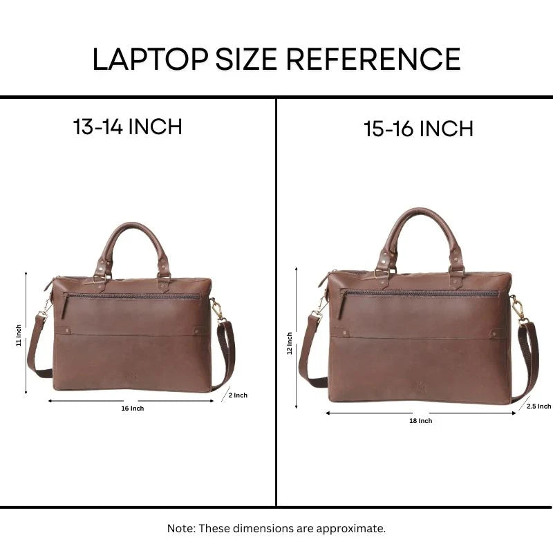 Laptop size reference chart with two brown bags labeled for 13-14 inch and 15-16 inch laptops.