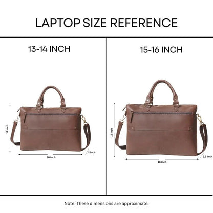 Laptop size reference chart with two brown bags labeled for 13-14 inch and 15-16 inch laptops.