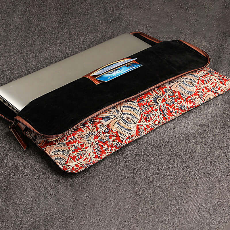 indian print leather laptop sleeve red