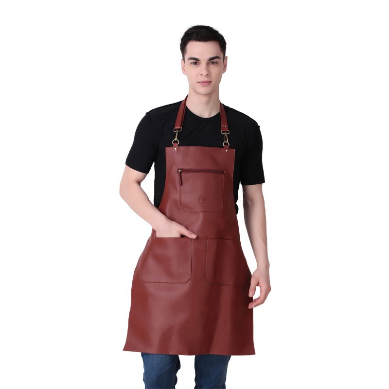 Person wearing a brown leather apron on a white background