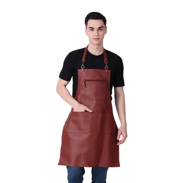 Person wearing a brown leather apron on a white background