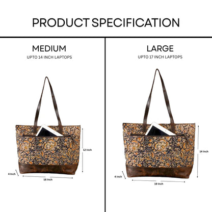 Two bags, one medium and one large, with floral patterns and measurements on a white background.