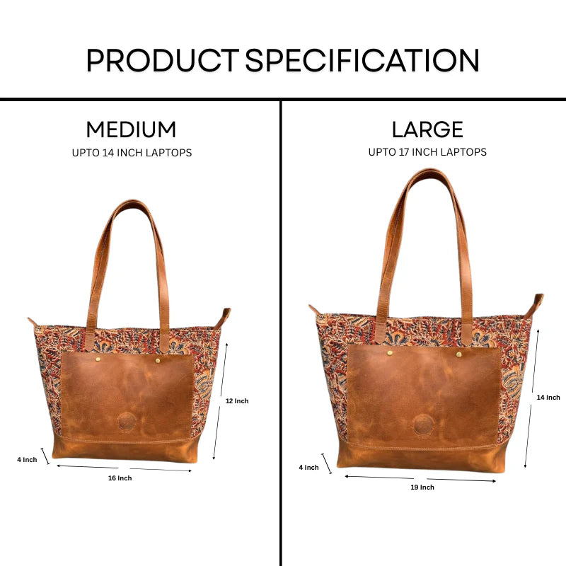 Two brown leather bags with floral patterns, labeled &