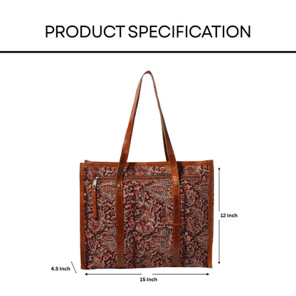 Brown tote bag with paisley pattern and measurements on a white background