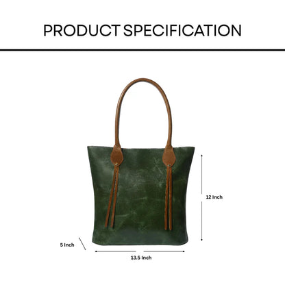 Green tote handbag with brown handles and straps, shown with measurements on a white background.