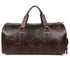 Brown leather duffel bag on a white background