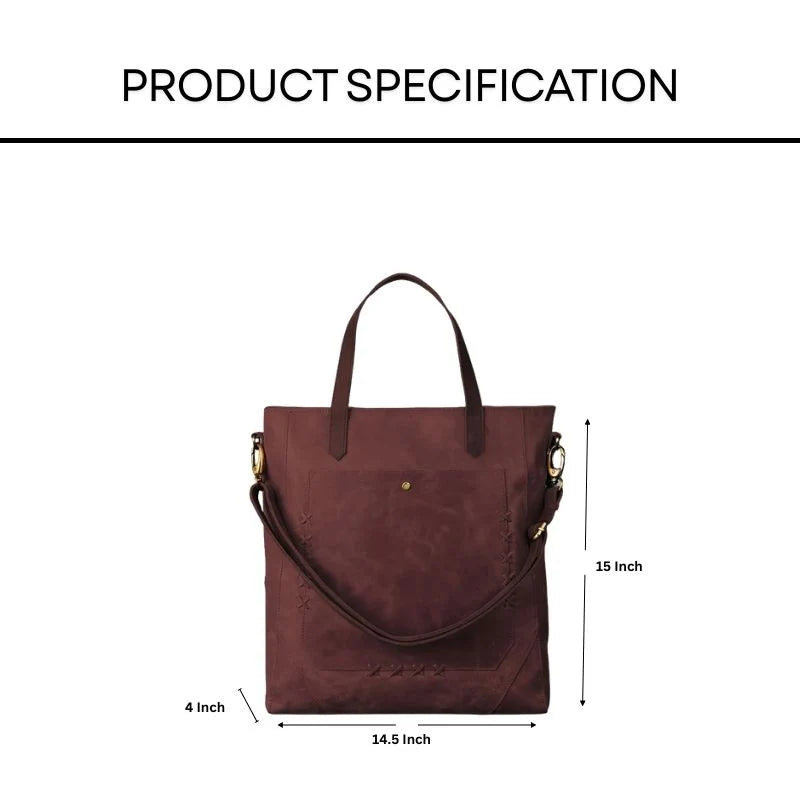 Brown tote handbag with measurements on a white background