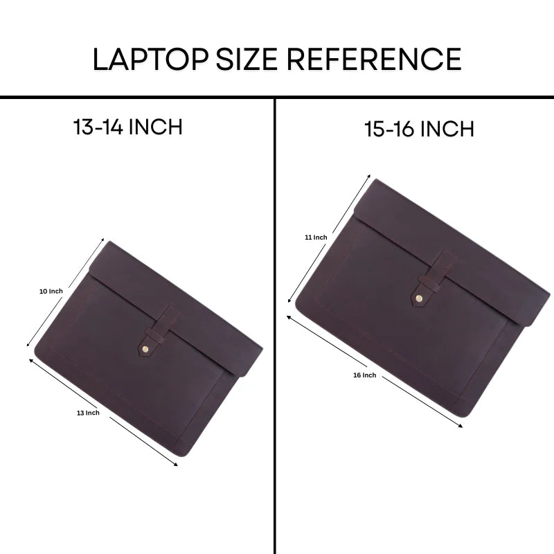 Laptop size reference chart showing 13-14 inch and 15-16 inch dimensions with a brown laptop case.