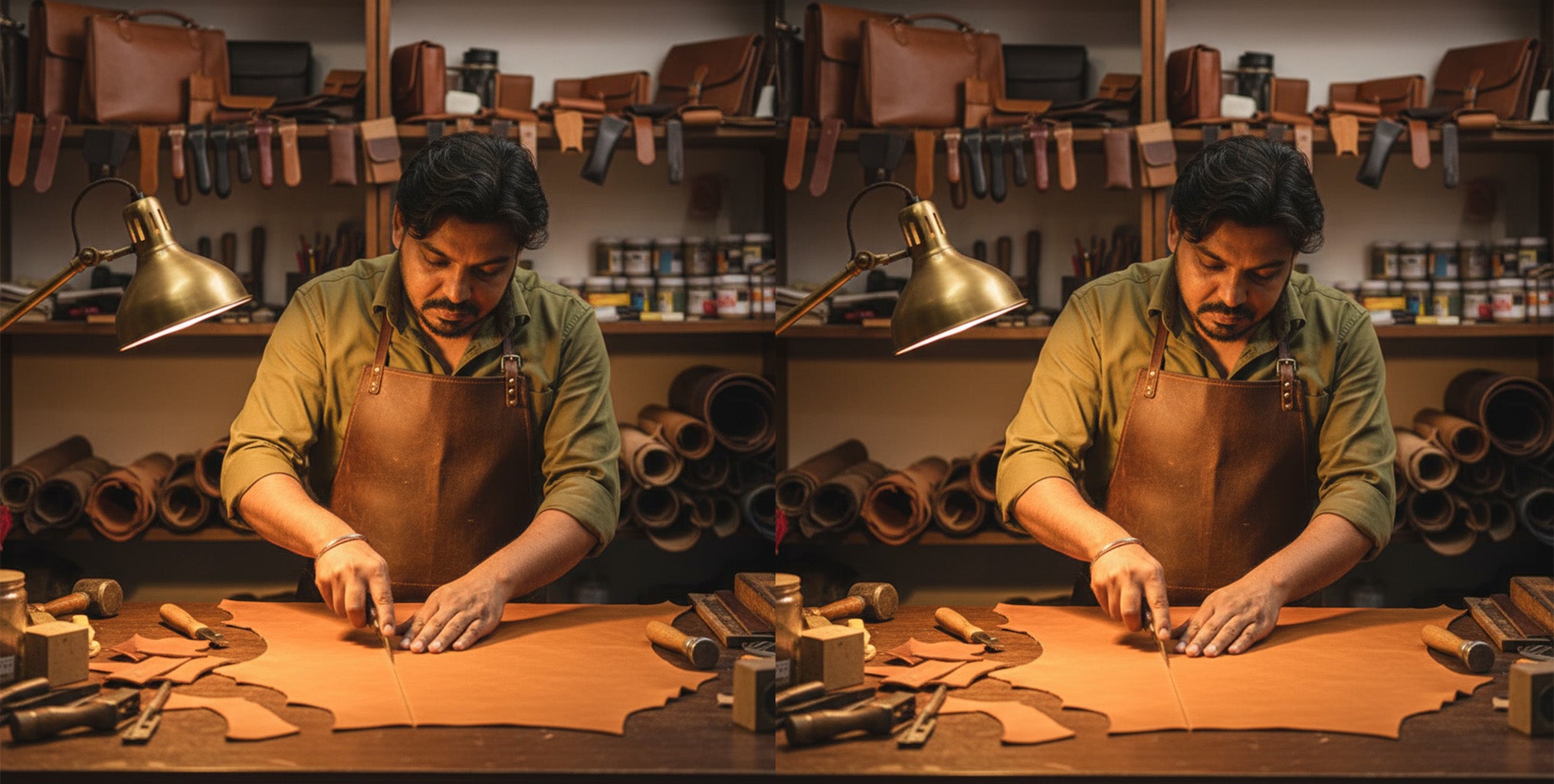 Two men working with leather in a workshop.