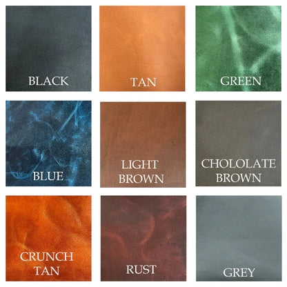 Grid of leather texture swatches with color names