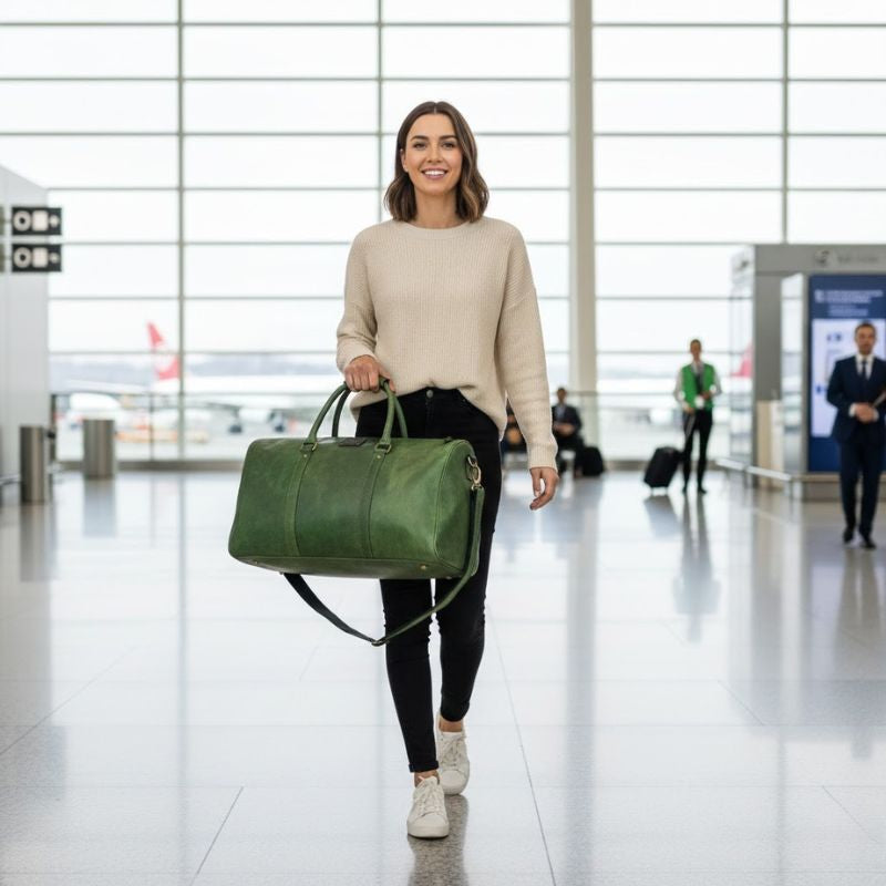 Woman holding a green travel bag in an airport terminal