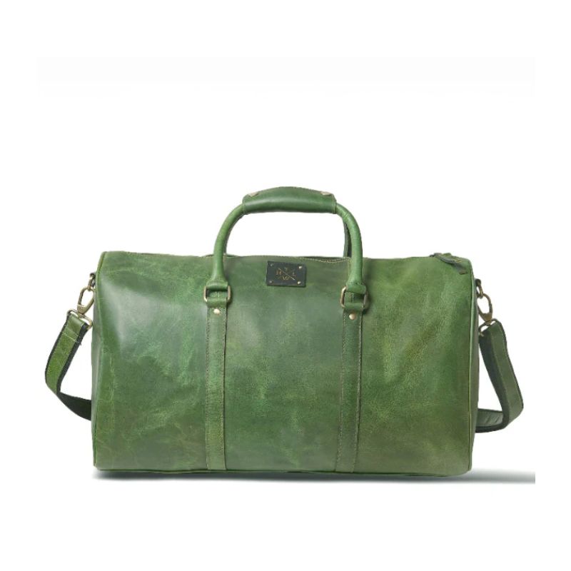 Green leather duffel bag on a white background
