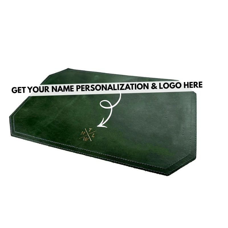 Green leather place mat with space for personalization on a white background