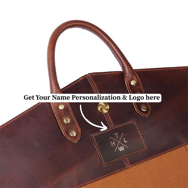 Brown leather bag with gold hardware and a personalized logo on a white background