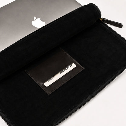 Black Leather Laptop Sleeve with Kalamkari Fabric