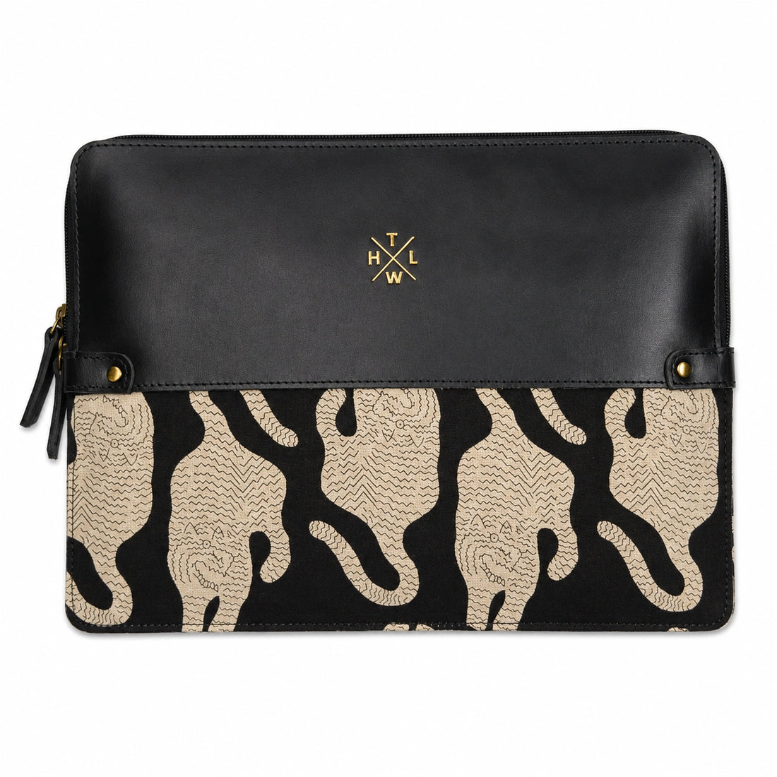 Black Leather Laptop Sleeve with Kalamkari Fabric