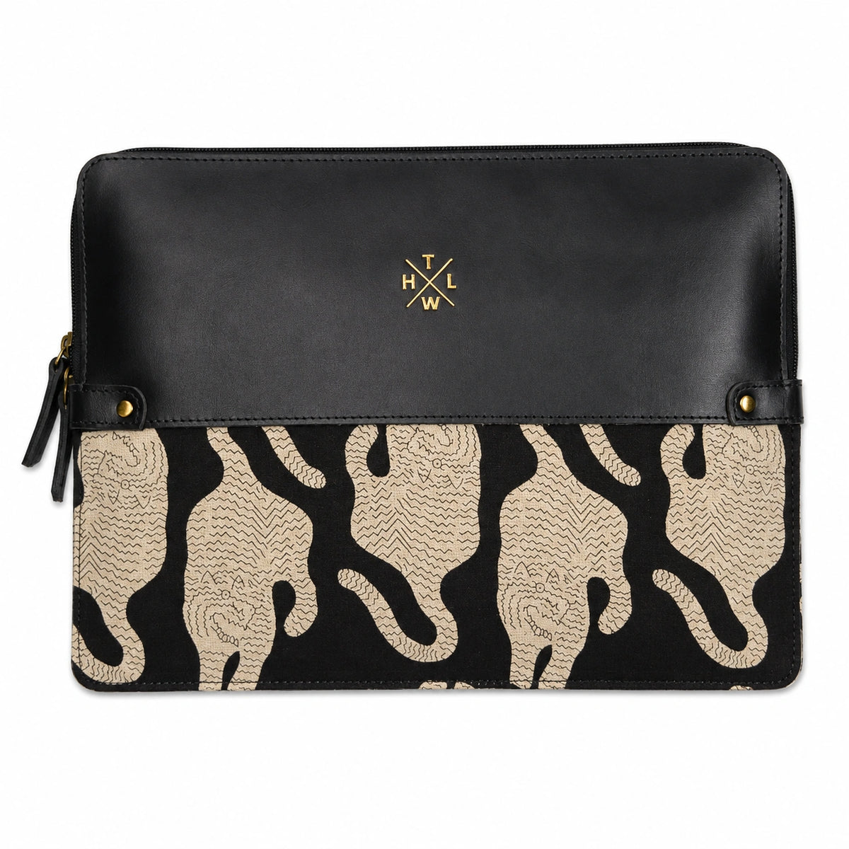 Black Leather Laptop Sleeve with Kalamkari Fabric