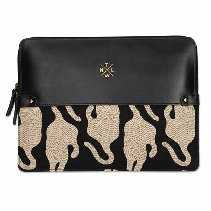 Black Leather Laptop Sleeve with Kalamkari Fabric