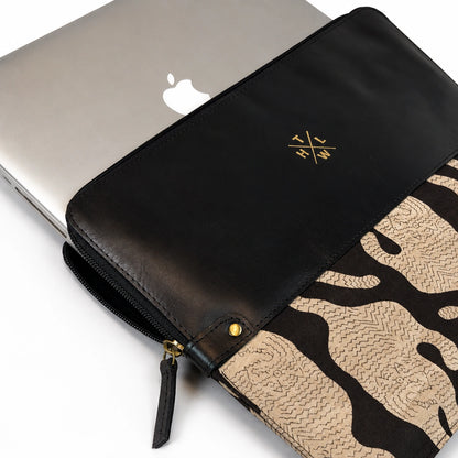 Black Leather Laptop Sleeve with Kalamkari Fabric