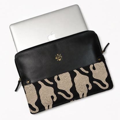 Black Leather Laptop Sleeve with Kalamkari Fabric