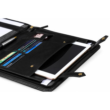 Black leather tablet and document organizer case shown open on a white background, with a tablet, cards, pen, and papers stored inside.