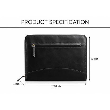 Black leather laptop folder with dimension annotations showing 12.5 inch width, 10 inch height, and 1 inch zipper pull detail, under a &