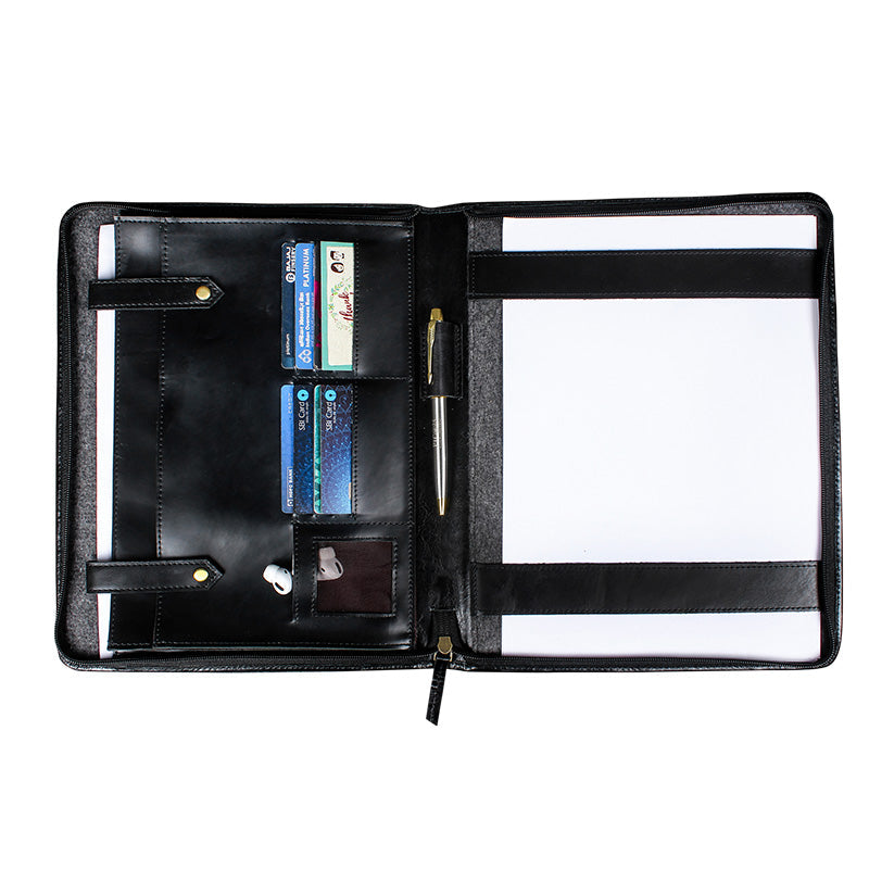 A Black leather portfolio with zipper and A4 document organizer, credit card slots, and a pen holder.