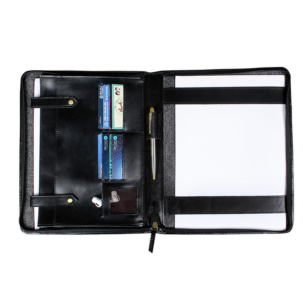 A Black leather portfolio with zipper and A4 document organizer, credit card slots, and a pen holder.