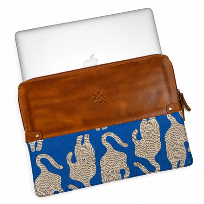 Blue Kalamkari Leather Laptop Sleeve with Tiger Print