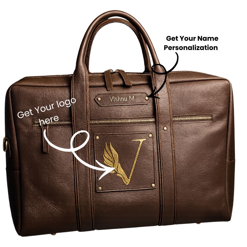 Brown leather bag with gold monogram and customization options on a white background
