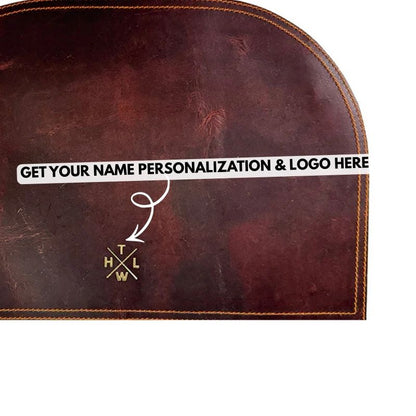 Brown leather place mat with text for personalization and a logo on a white background