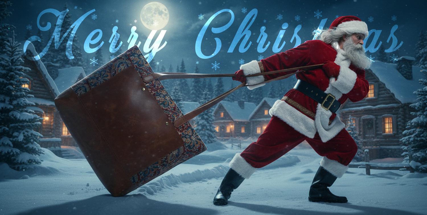 Santa Claus pulling a large gift in a snowy village with 'Merry Christmas' text.