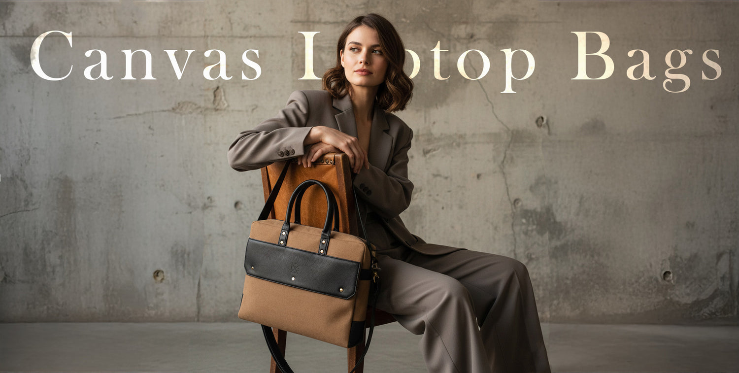 Woman holding a brown and black handbag with 'Canvas Laptop Bags' text on a gray background