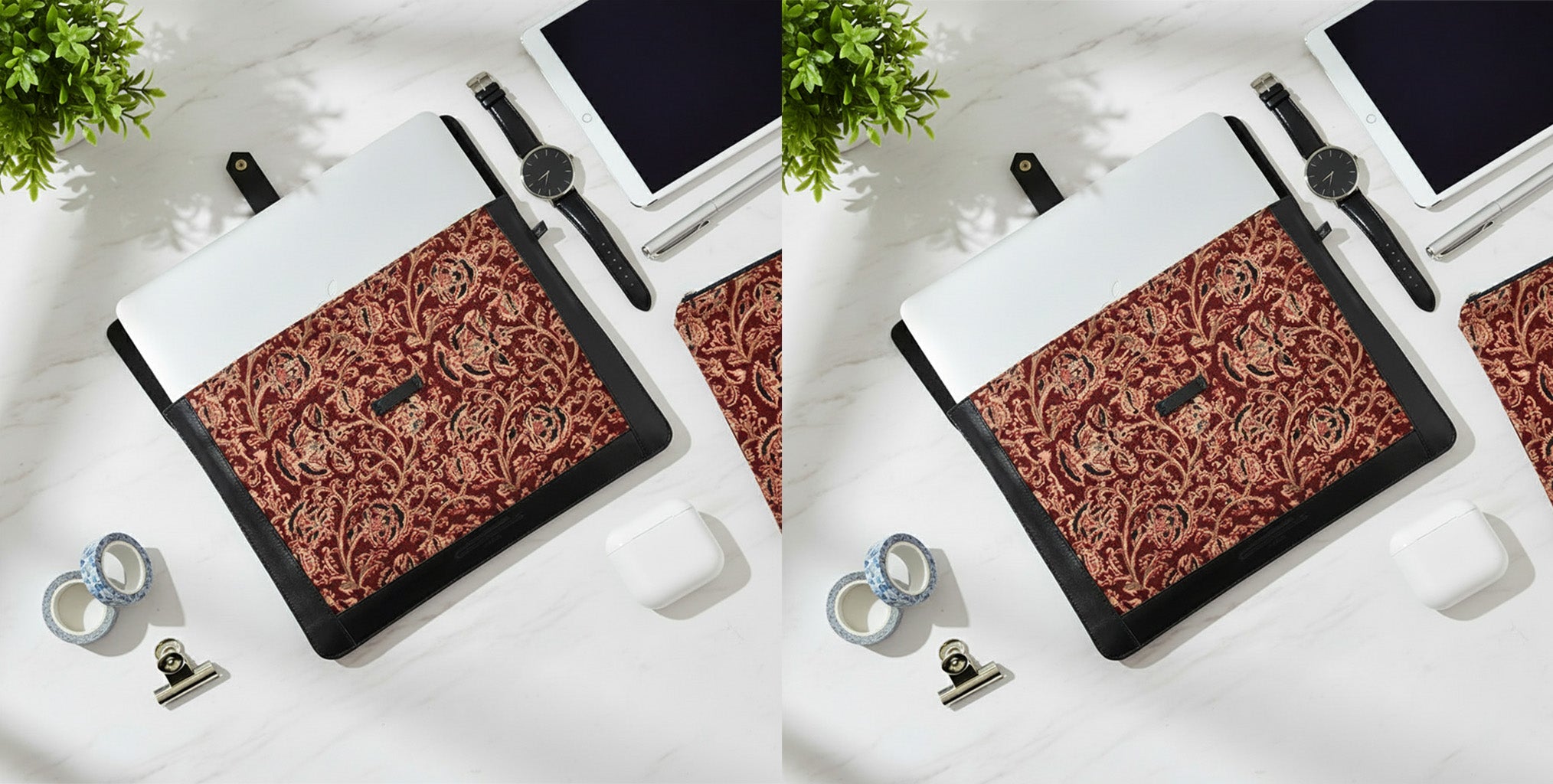 Two views of a decorative notebook with a red pattern on a white surface.