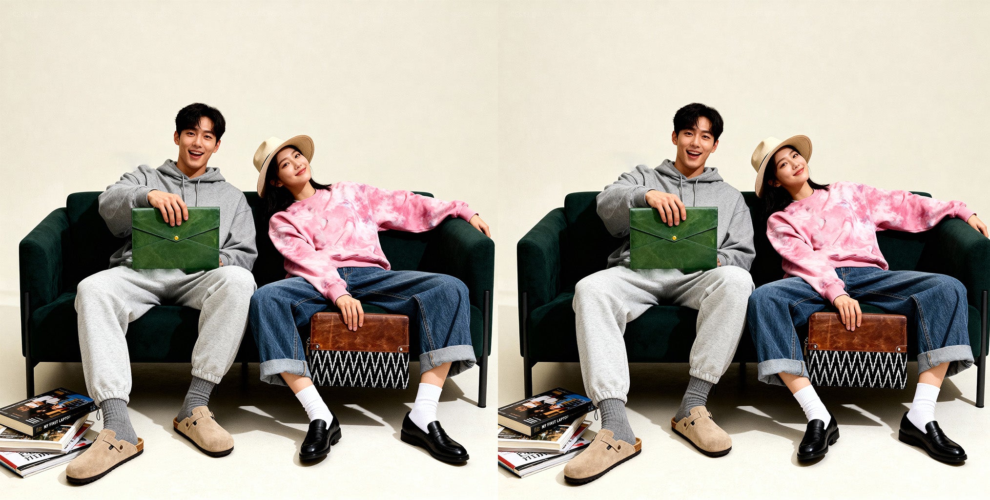 Two pairs of people sitting on chairs with books and a magazine, wearing matching outfits.
