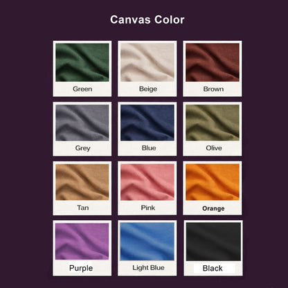 Grid of fabric color swatches labeled with color names on a dark purple background
