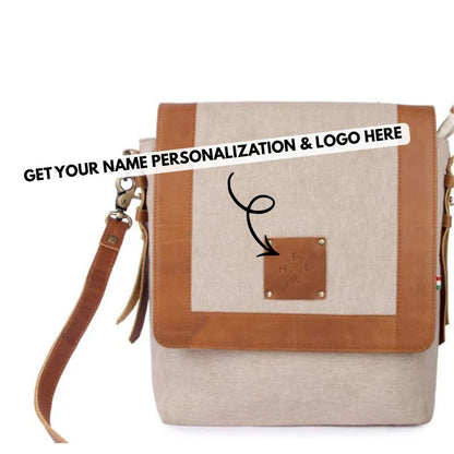 Beige and brown sling bag with customizable text on a white background