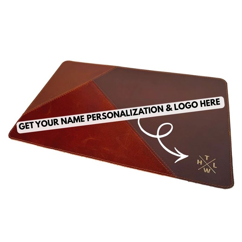 Brown leather place mat  with customizable text on a white background