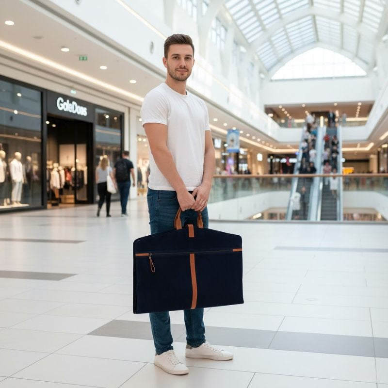 Man holding a black suitcase with brown handles in a shopping mall.