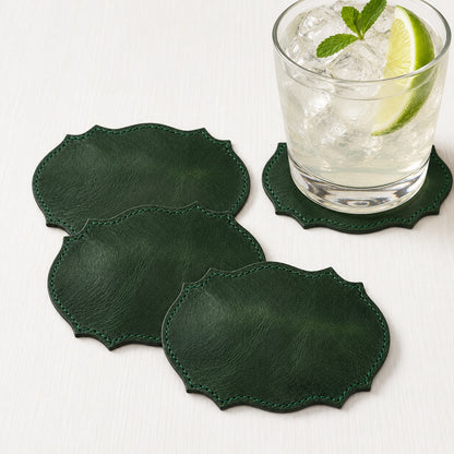 Green Full-Grain Leather Coaster – Ornate Edge