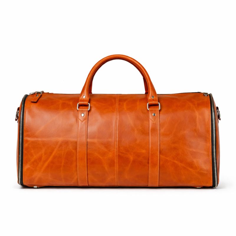 Brown leather duffel bag on a white background
