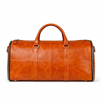Brown leather duffel bag on a white background