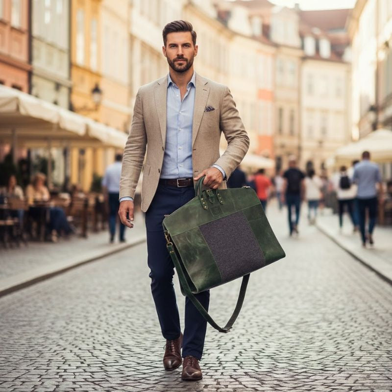 Man in a suit holding a green leather suit cover on a city street