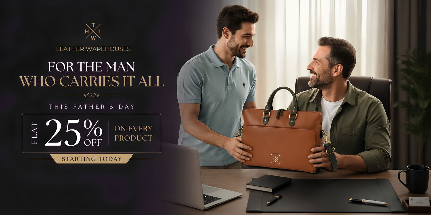 Two men looking at a brown leather briefcase with a promotional message for Leather Warehouses on a dark background.