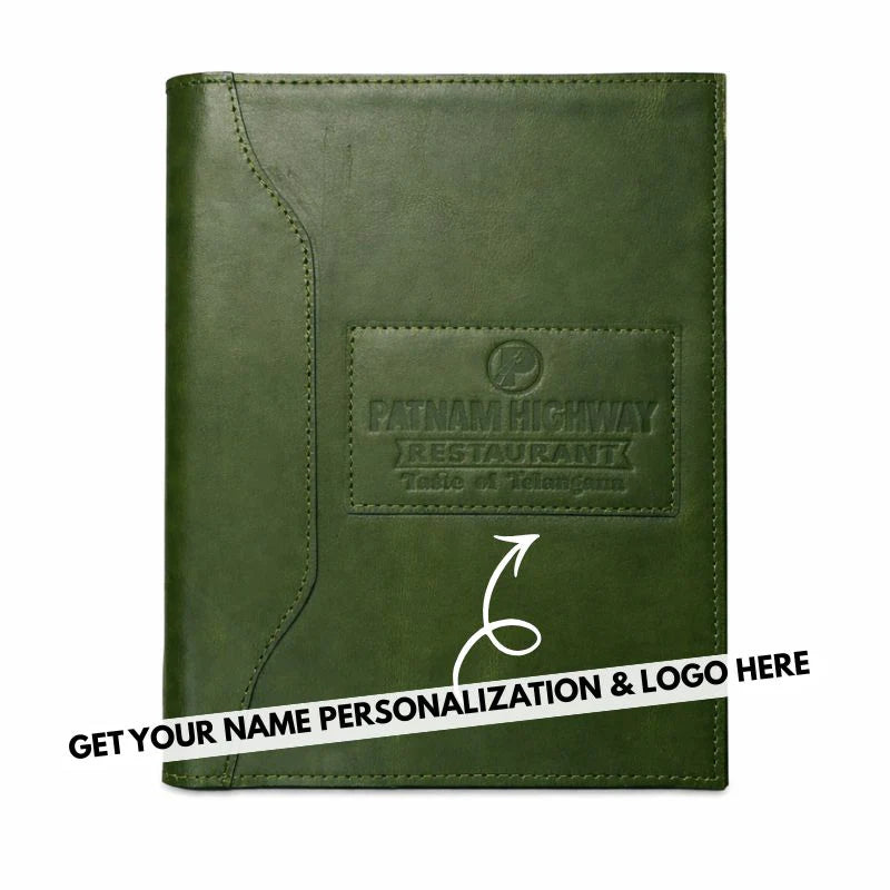 Green leather menu cover with a brand logo on a white background