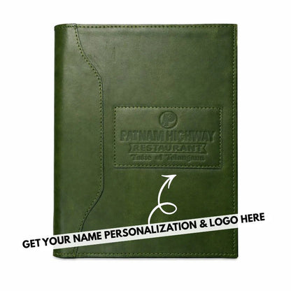 Green leather menu cover with a brand logo on a white background