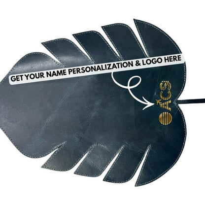 Leather leaf with customizable text and logo on a white background